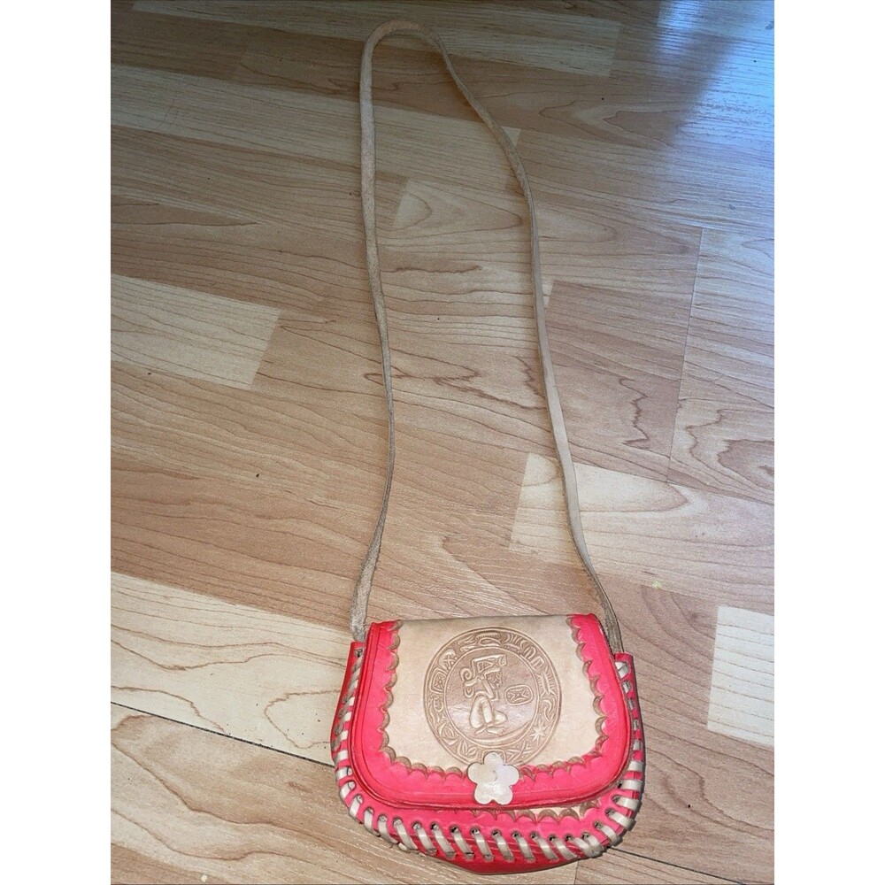 Vtg Tooled Leather Crossbody Bag Orange Coral Trim  Mexican Aztec Mayan Design